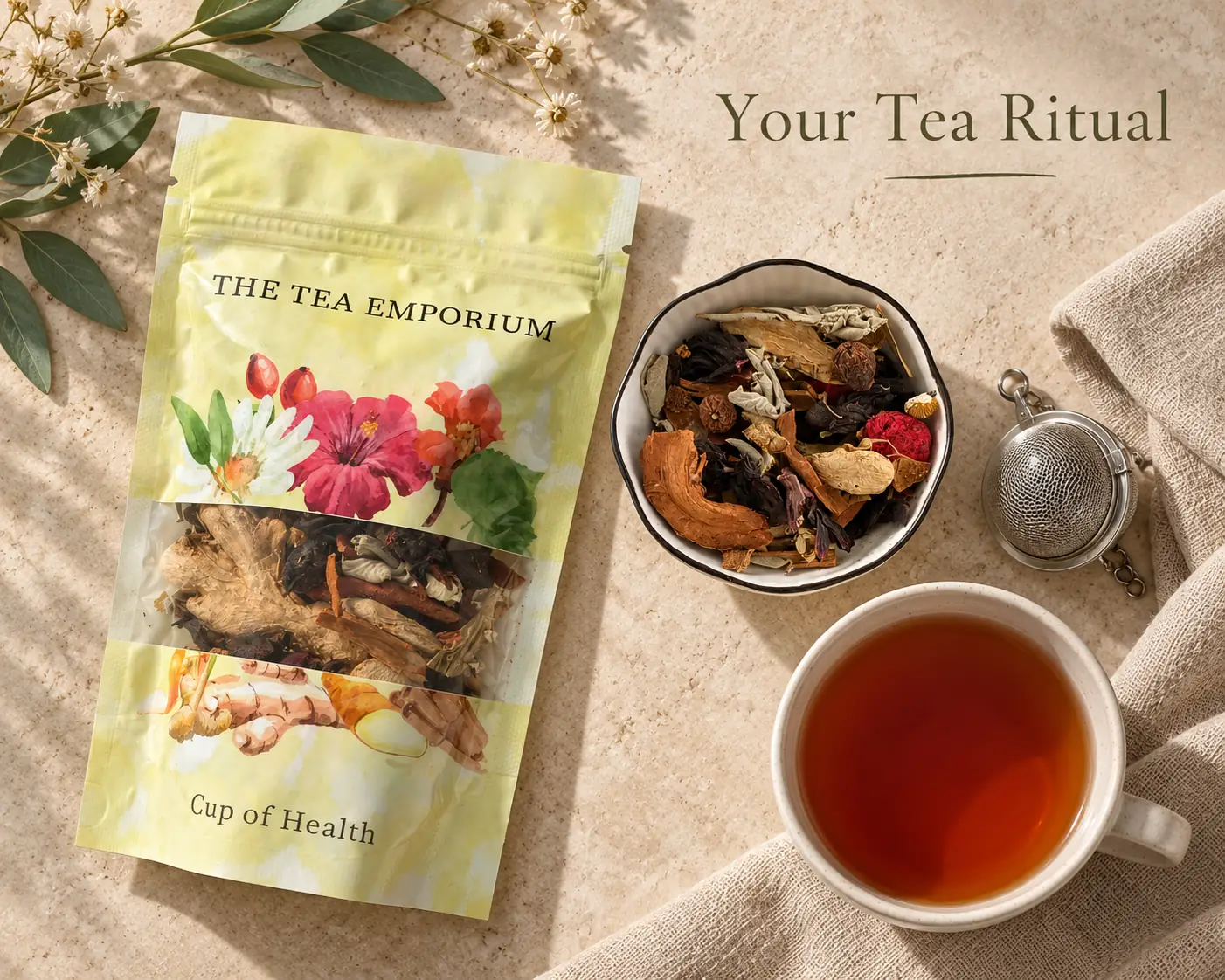 Ginger Turmeric Tea pouch beside a bowl of the loose leaf blend, a tea strainer and a brewed cup