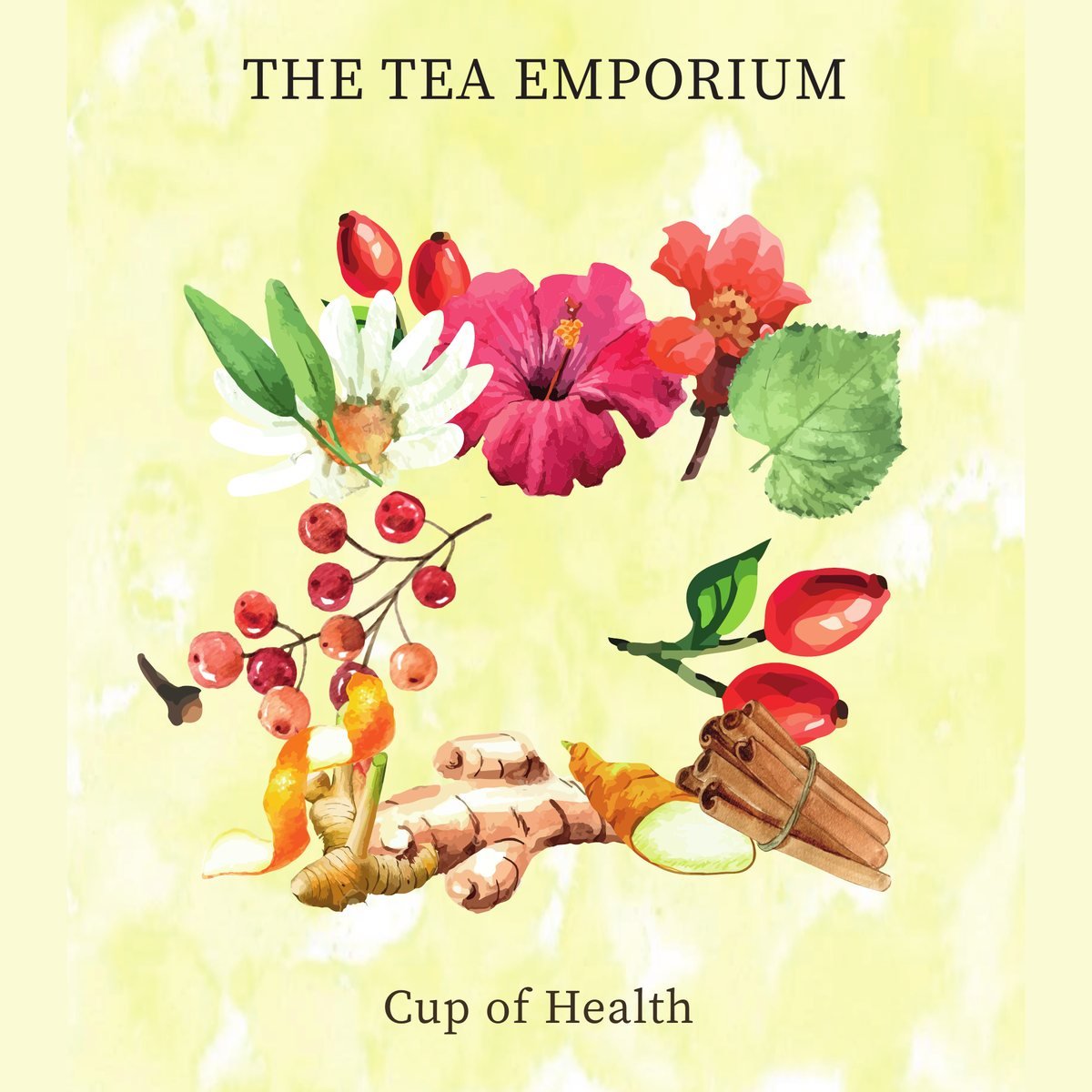Ginger Turmeric Tea pouch artwork: watercolour hibiscus, rosehips, chamomile, ginger, turmeric and cinnamon