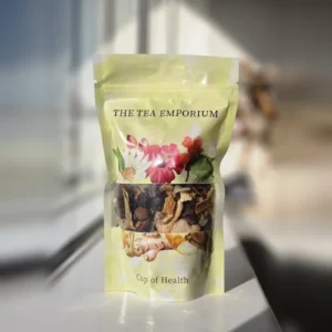 Cup of Health resealable pouch with a clear window showing the loose leaf tea inside
