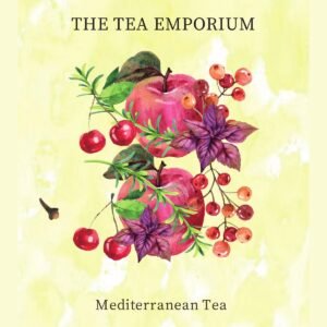 Mediterranean Tea pouch artwork: watercolour apple, cherries, red berries and purple basil