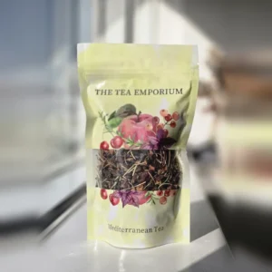 Mediterranean Tea resealable pouch with a clear window showing the loose leaf tea inside