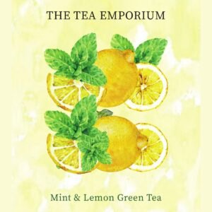 Mint & Lemon Green Tea pouch artwork: watercolour lemons and mint leaves