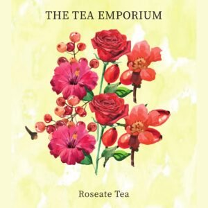 Roseate Tea pouch artwork: watercolour roses, hibiscus, rosehips and berries