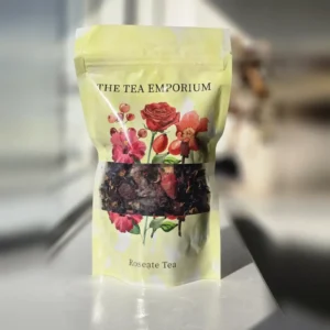 Roseate Tea resealable pouch with a clear window showing the loose leaf tea inside
