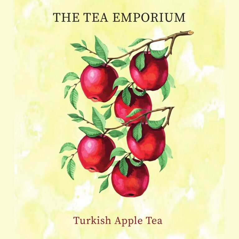 Turkish Apple Tea pouch artwork: watercolour red apples on the branch