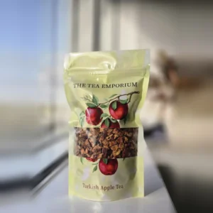 Turkish Apple Tea resealable pouch with a clear window showing the loose leaf tea inside