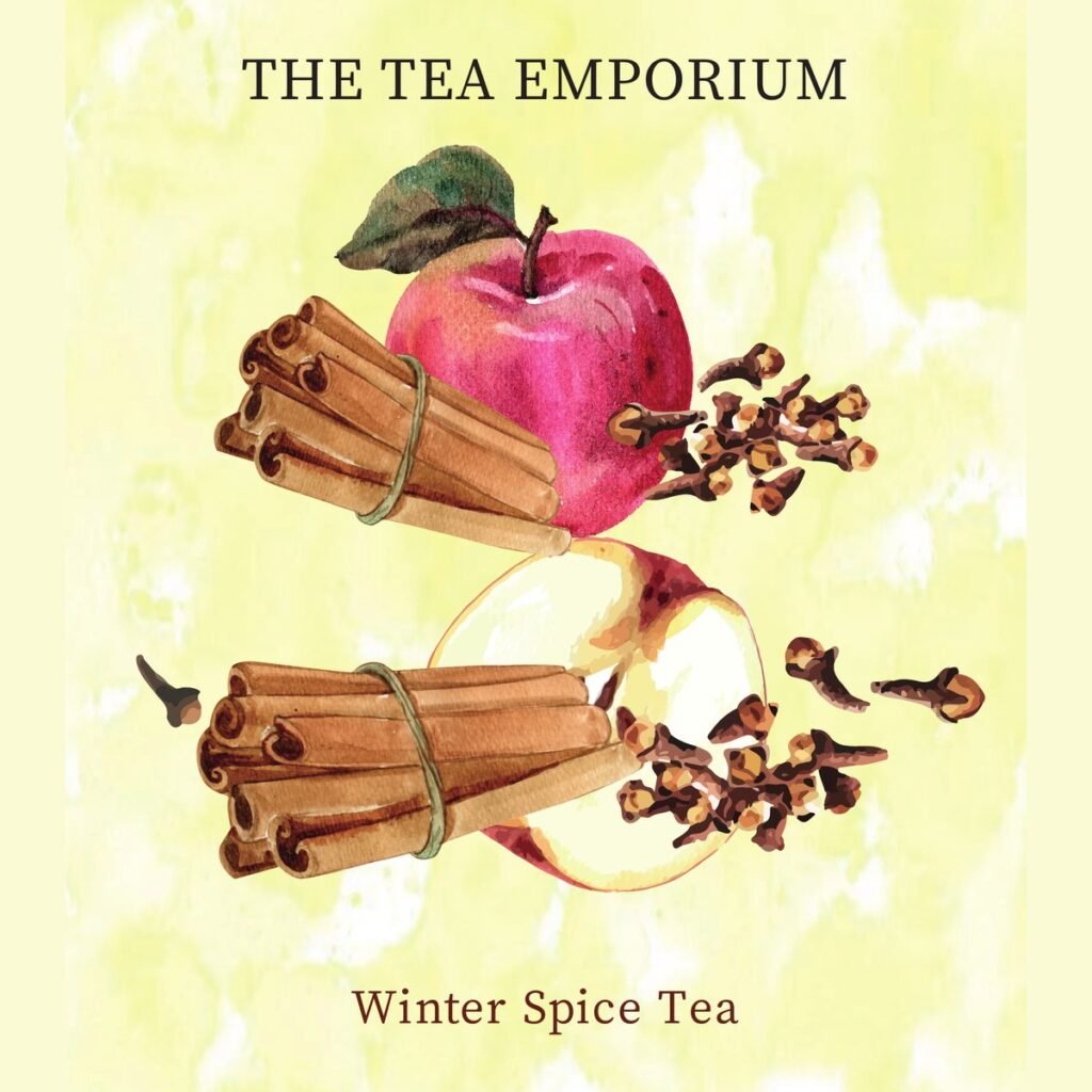 Winter Spice Tea pouch artwork: watercolour apple, cinnamon sticks and cloves