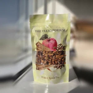 Winter Spice Tea resealable pouch with a clear window showing the loose leaf tea inside